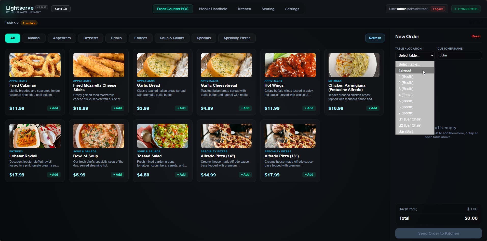 Lightserve Front Counter POS with photo menu grid and New Order panel