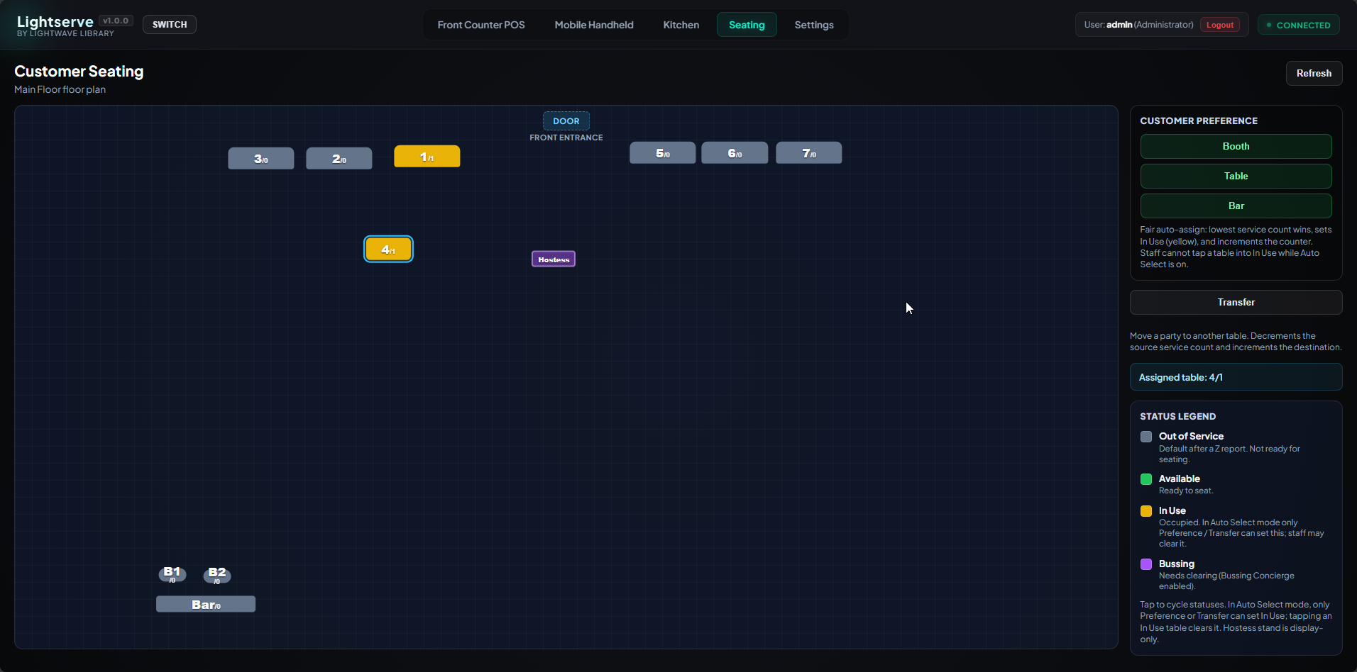 Lightserve Customer Seating floor plan with status legend
