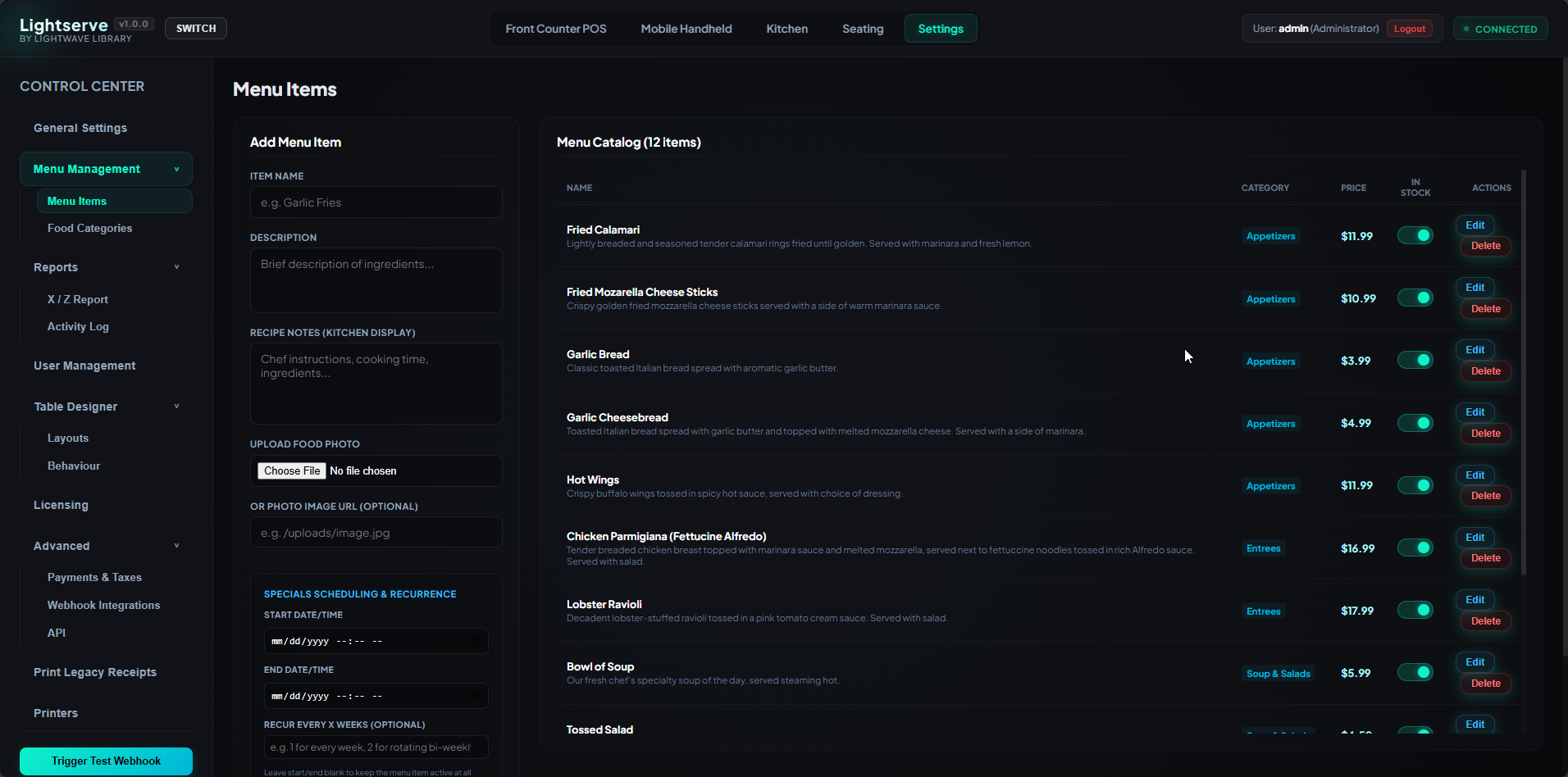 Lightserve Menu Items admin with catalog and specials scheduling