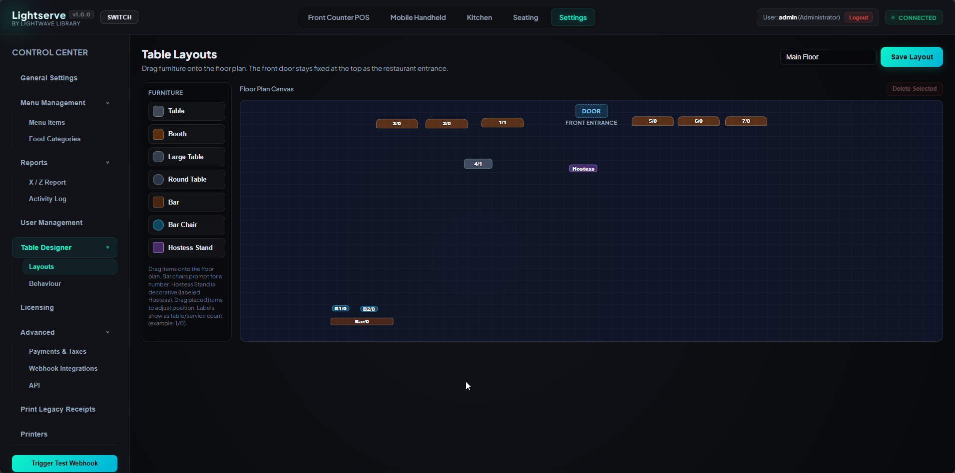 Lightserve Table Designer layout editor with furniture palette